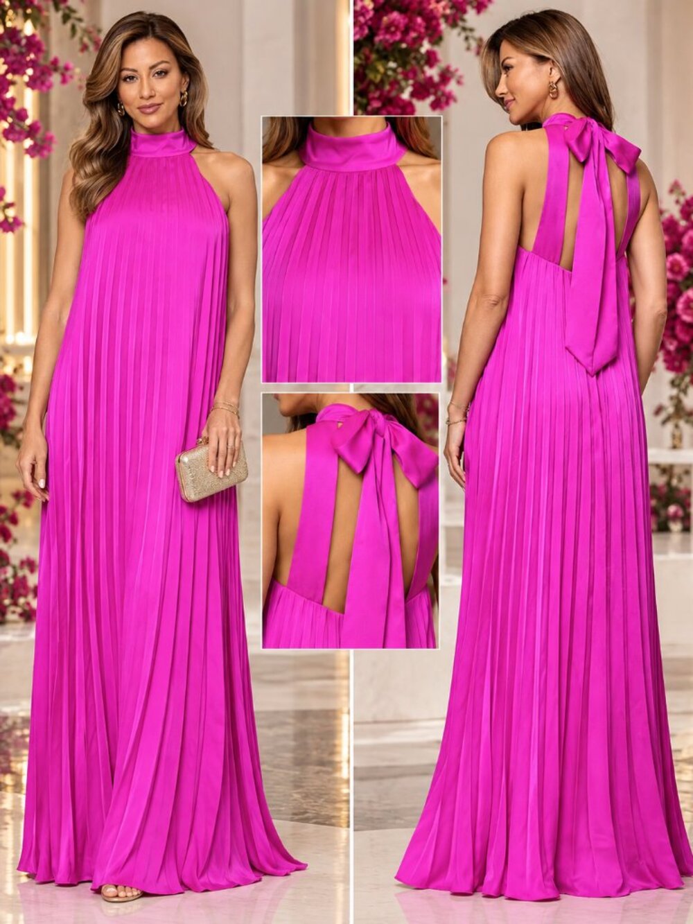 XSCAPE Fuchsia Pleated Halter Open Back Formal Gown Size 10 NWT